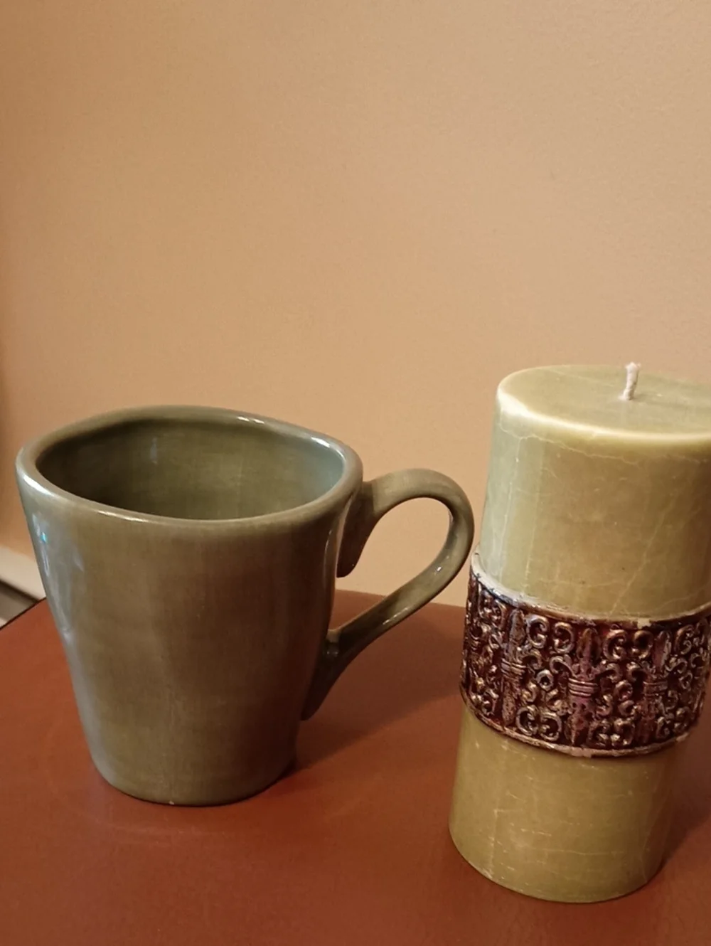 Green Ceramic Coffee Mug And Pillar Candle Bundle